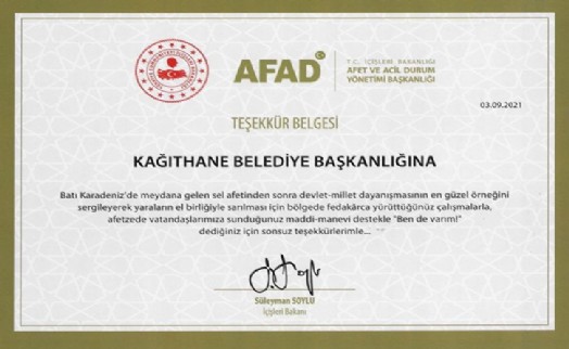 İçişleri Bakanlığı'ndan Kağıthane Belediyesi'ne teşekkür belgesi